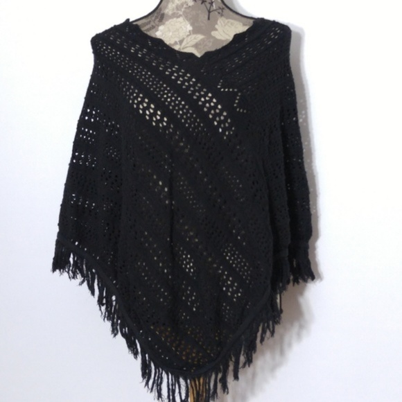 525 America Sweaters - 525 Black Poncho OSFA Crochet Fringe Open Knit